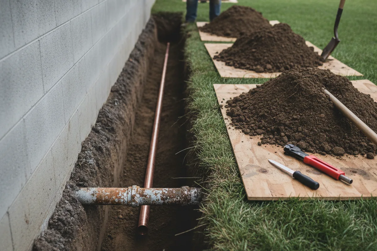 Excavated water line trench during Water Softener Installation in Sahuarita